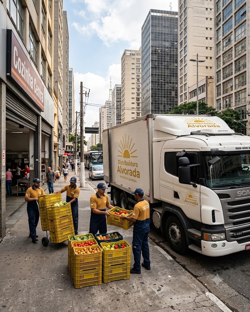 Equipe da Alvorada Distribuidora descarregando caixas de hortifruti